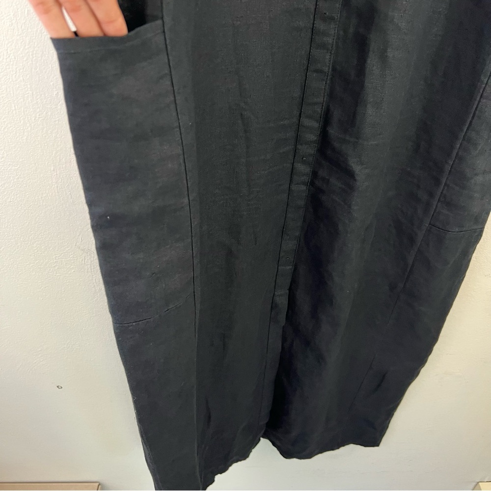 100% Linen Black Maxi Length Lagenlook Sleeveless Dress With Front Pockets/Slit - Picture 3 of 5